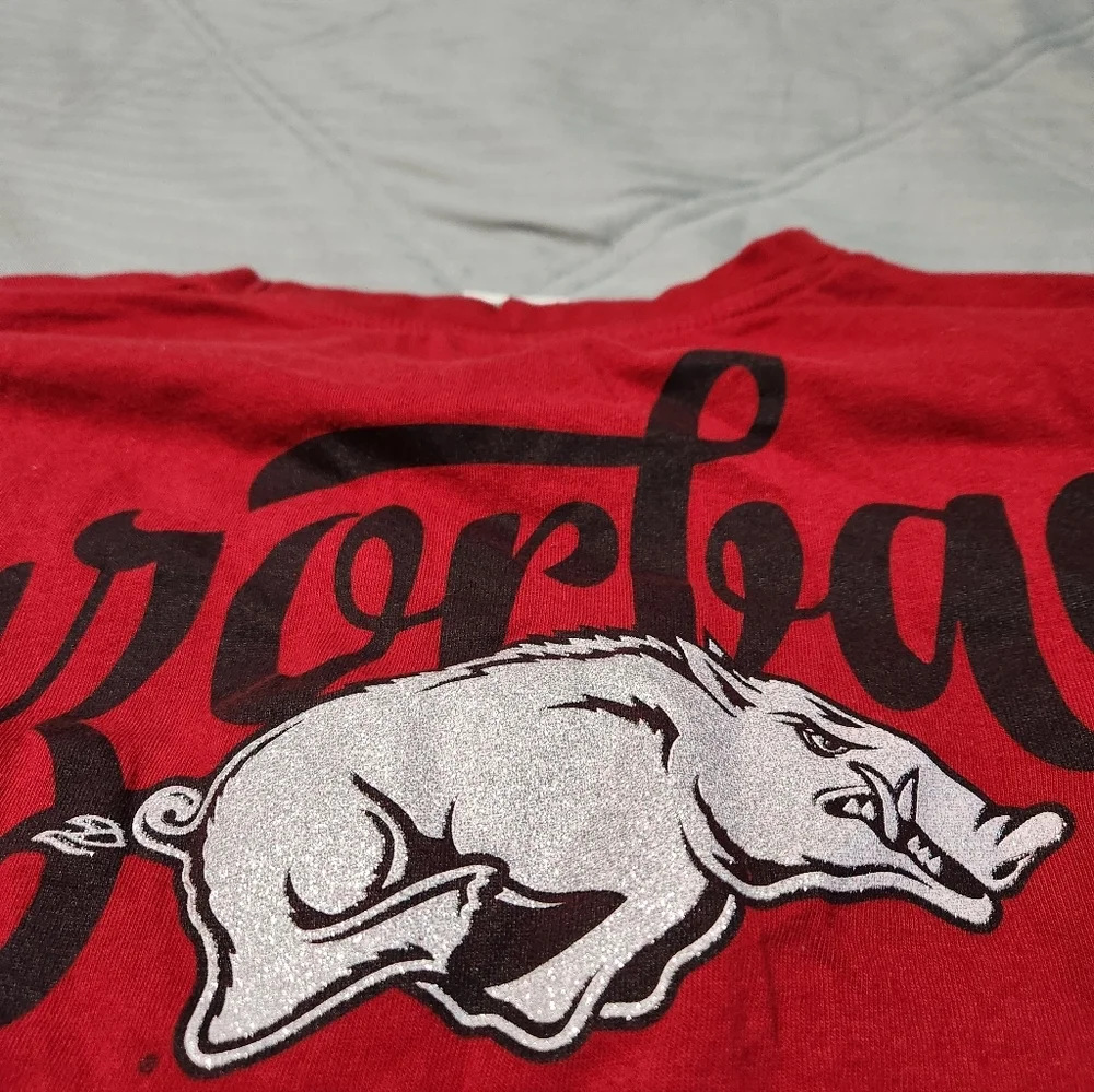 Razorbacks Long Sleeve Shirt Red Large Oversize Thumb Holes Glitter